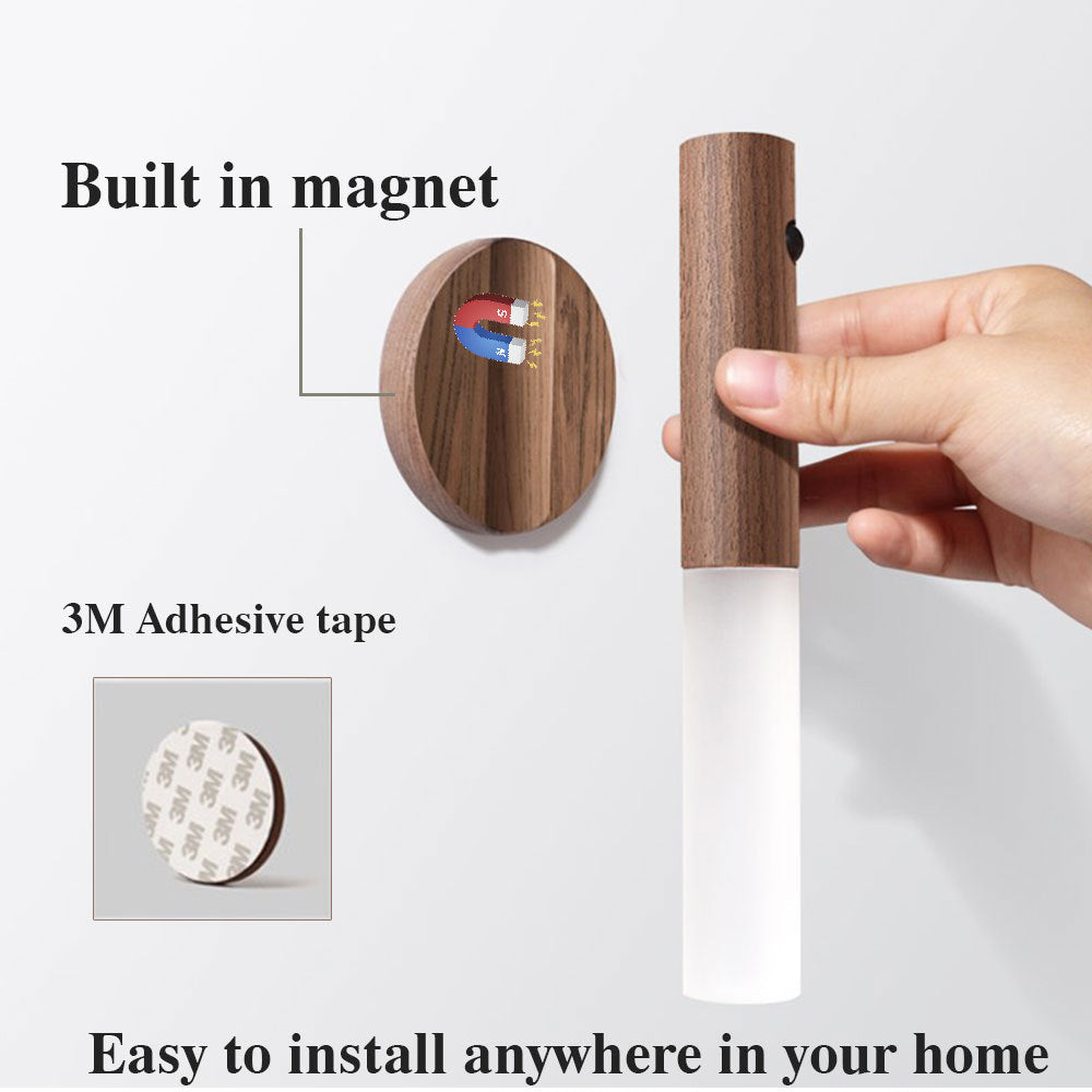 Auto LED USB Magnetic Wood Wireless Night Wall Light with Motion Sensor